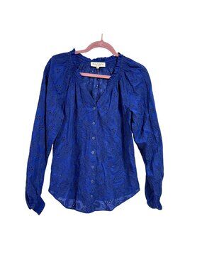 Hale Bob Blue Eyelet Embroidered Long Sleeve Front Button V-Neck Blouse Size M